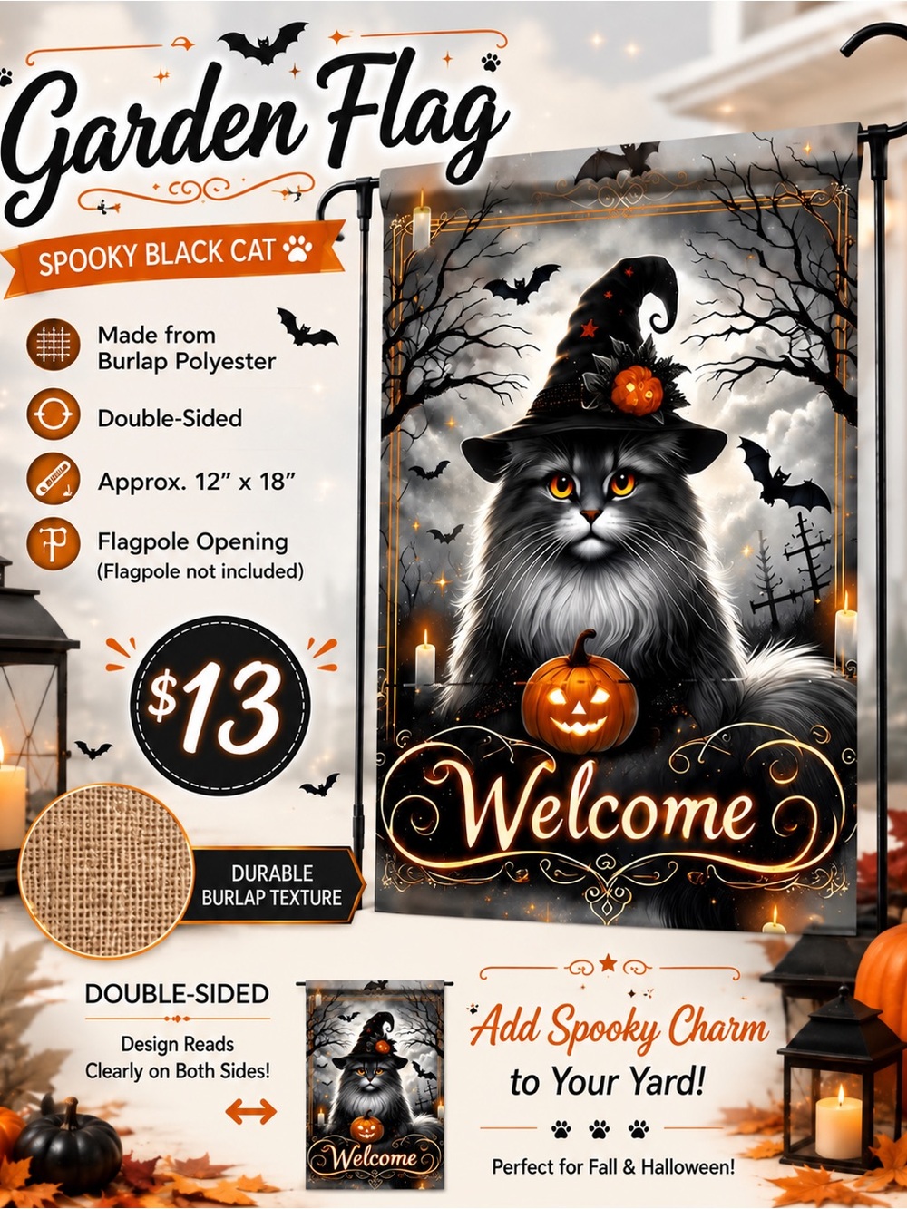 Garden Flag, Halloween Spooky Black Cat, Burlap, Double-sided, approx 12”x18”